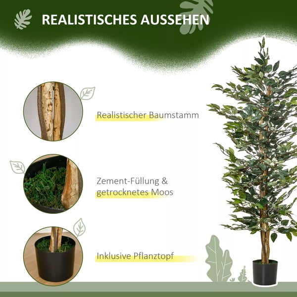 Konstgjord Ficus, Grön, 150 cm, Plast, Dekoration inomhus/utomhus, 1008 löv