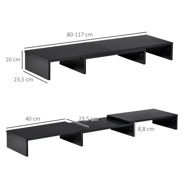 Skærmstander i træ, Justerbar Længde & Vinkel, Dobbelt Skærmholder, Bordopbevaring, 80-117cm, Sort