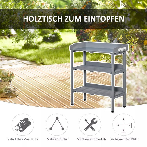 Outsunny plantebord havebord blomsterbord med arbejdsflade af metal, træ, 76x37x89cm, til haven