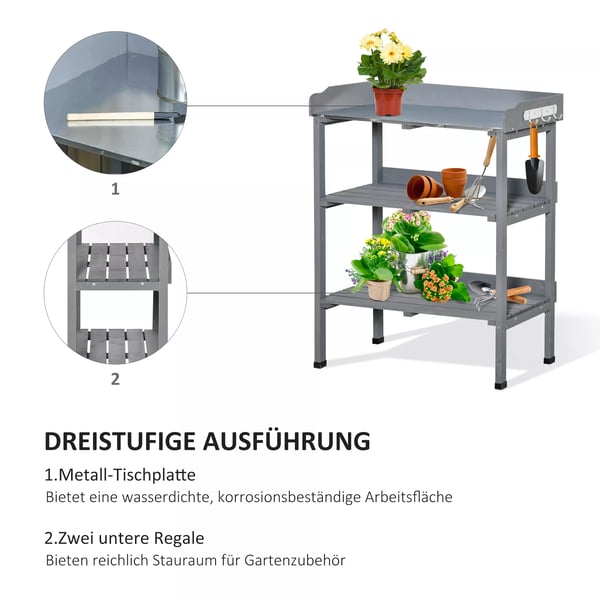 Outsunny plantebord havebord blomsterbord med arbejdsflade af metal, træ, 76x37x89cm, til haven