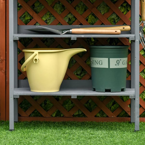 Outsunny plantebord havebord blomsterbord med arbejdsflade af metal, træ, 76x37x89cm, til haven