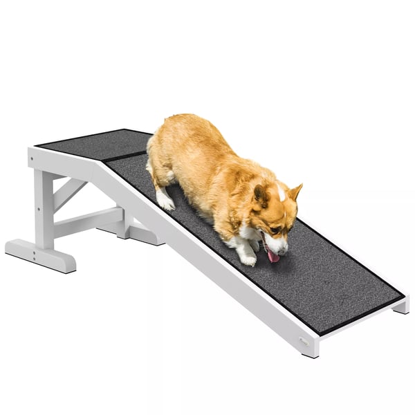 PawHut Kæledyrrampe med skridsikkert tæppe til hund, lavet af fyrretræ/polyester, hvid+grå, 125 x 40 x 35,5 cm