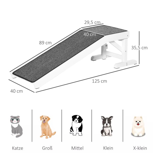 PawHut Lemmikkiramppi Mäntypuu Polyesteri Liukumaton Matto 125x40x35.5cm Valkoinen/Harmaa