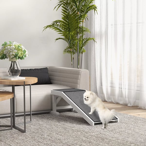 PawHut Lemmikkiramppi Mäntypuu Polyesteri Liukumaton Matto 125x40x35.5cm Valkoinen/Harmaa