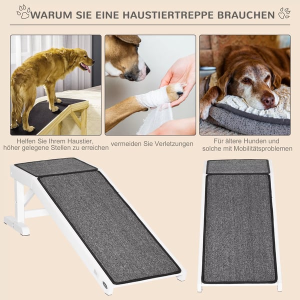 PawHut Lemmikkiramppi Mäntypuu Polyesteri Liukumaton Matto 125x40x35.5cm Valkoinen/Harmaa