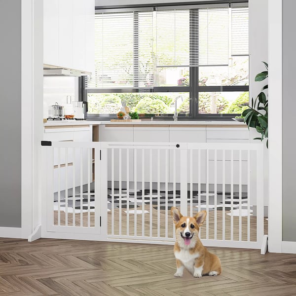 PawHut hundegitter, fritstående sikkerhedsgitter i træ med dør, hvid, 113-166x36x71cm