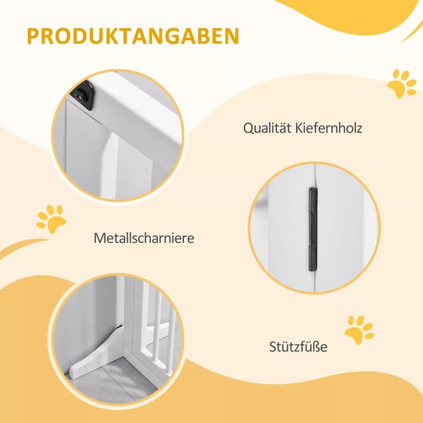 PawHut hundegitter, fritstående sikkerhedsgitter i træ med dør, hvid, 113-166x36x71cm