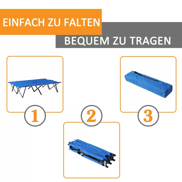 Outsunny camping-feltseng til 2 personer, sammenklappelig feltseng med bæretaske, op til 136 kg, stål, Oxford-stof, blå+sort, 193x125x40cm