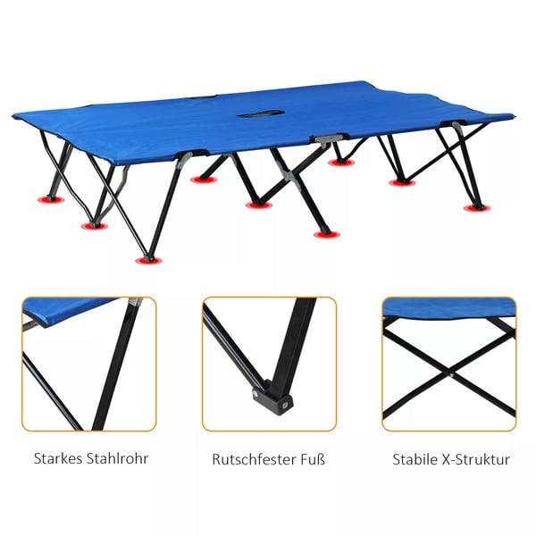 Outsunny camping-feltseng til 2 personer, sammenklappelig feltseng med bæretaske, op til 136 kg, stål, Oxford-stof, blå+sort, 193x125x40cm