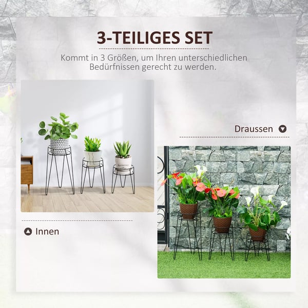 Outsunny Blomsterstativ Sæt med 3 stk. Metal Plantestativ Sæt Blomsterkrog Blomsterpotteholder Plantekrog til Blomsterpotte op til Ø16 cm Sort