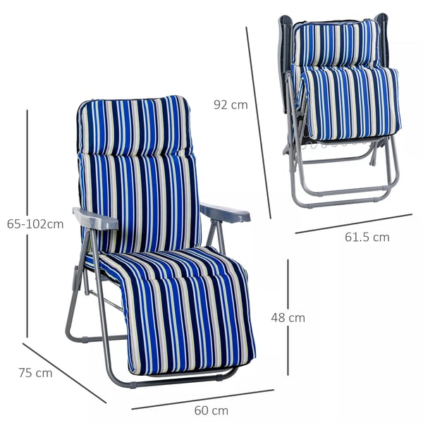 Outsunny liggestol 2-pak, solseng med hynde, sammenklappelig, justerbart ryglæn, stål+polyester, blå, 60x75x65-102 cm