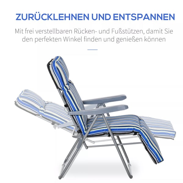 Outsunny liggestol 2-pak, solseng med hynde, sammenklappelig, justerbart ryglæn, stål+polyester, blå, 60x75x65-102 cm