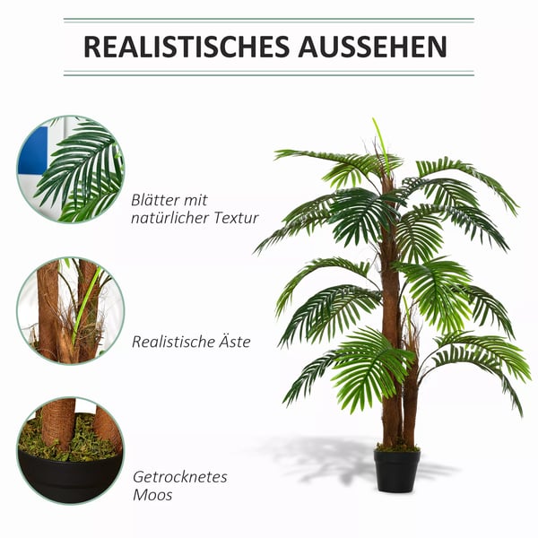 HOMCOM Kunstpalme 120 cm - Kunstig grøn plastik tropisk palme til indendørs og udendørs brug med cementpotte.