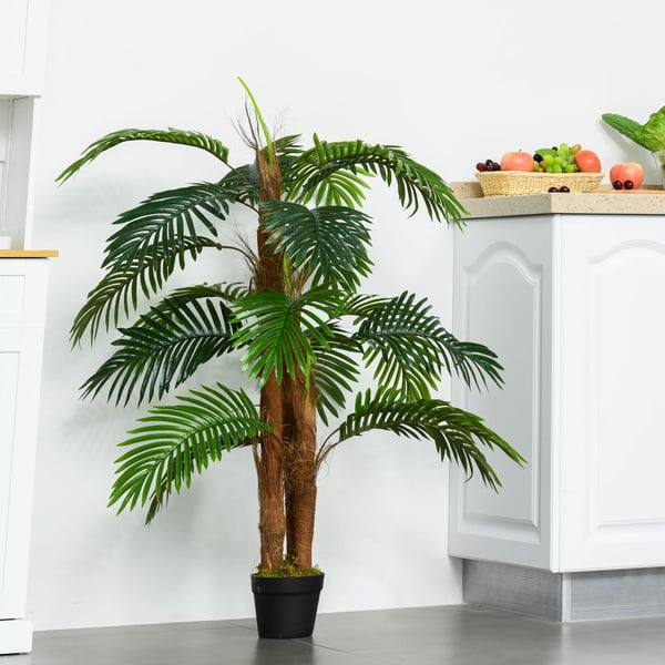 HOMCOM Kunstpalme 120 cm - Kunstig grøn plastik tropisk palme til indendørs og udendørs brug med cementpotte.