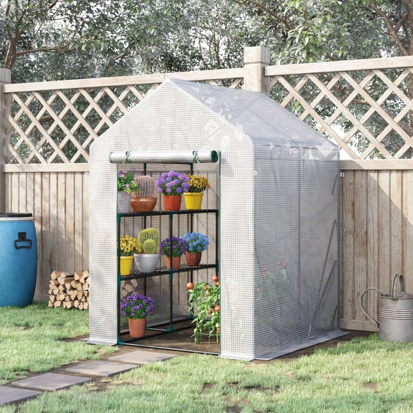 Folietunnelväxthus, walk-in växthus med 4 hyllplan, tomatväxthus, växthus, kallväxthus, vit stål PE-plast 143x143x195cm