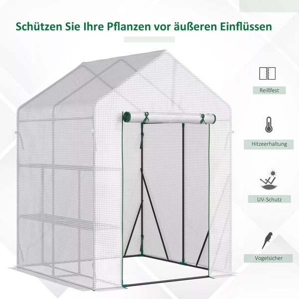 Folietunnelväxthus, walk-in växthus med 4 hyllplan, tomatväxthus, växthus, kallväxthus, vit stål PE-plast 143x143x195cm
