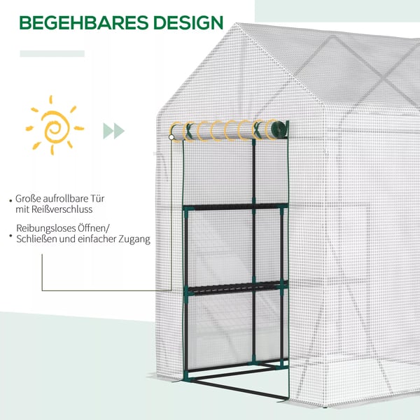 Folietunnelväxthus, walk-in växthus med 4 hyllplan, tomatväxthus, växthus, kallväxthus, vit stål PE-plast 143x143x195cm