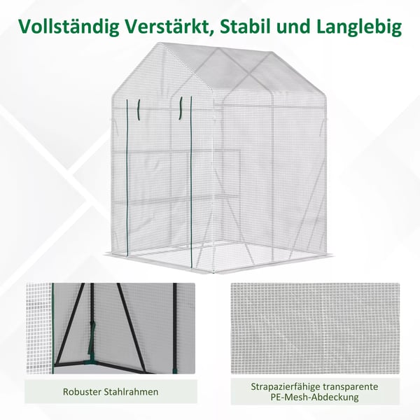 Folietunnelväxthus, walk-in växthus med 4 hyllplan, tomatväxthus, växthus, kallväxthus, vit stål PE-plast 143x143x195cm