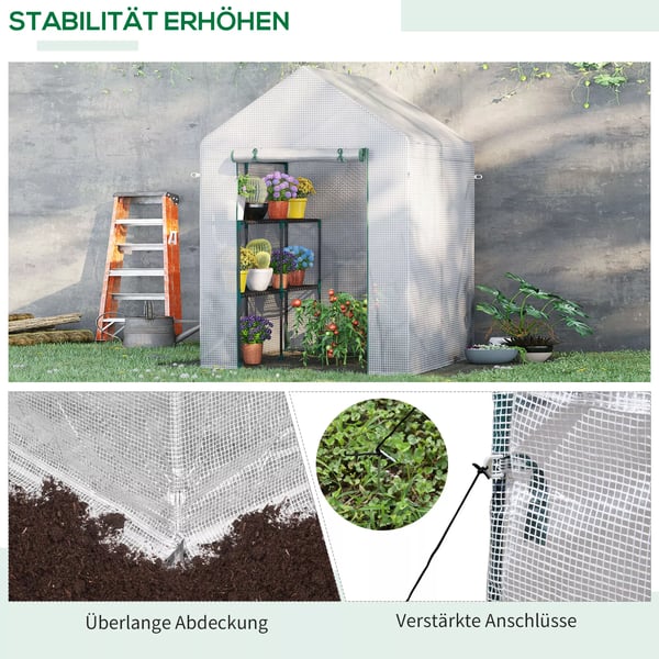 Folietunnelväxthus, walk-in växthus med 4 hyllplan, tomatväxthus, växthus, kallväxthus, vit stål PE-plast 143x143x195cm