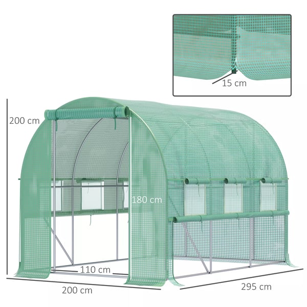Foliedrivhus Grøn 2,95x2x2m med 6 vinduer, galvaniseret stål og PE