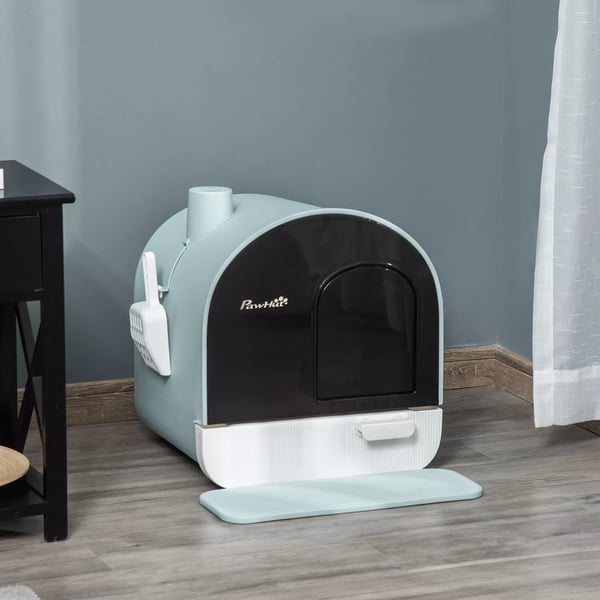 PawHut kattebakke med låg, toilet til katte op til 5 kg, med låg, måtte til kattegrus, plast, grøn, 43x44x47 cm