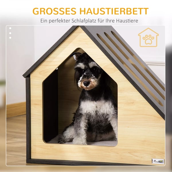 PawHut hundehus af træ, hyggelig indendørs kattehule & hundeseng med pude, til små hunde op til 8 kg, 60x40x59,2 cm
