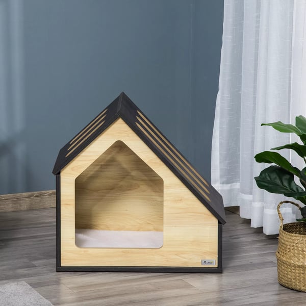 PawHut hundehus af træ, hyggelig indendørs kattehule & hundeseng med pude, til små hunde op til 8 kg, 60x40x59,2 cm