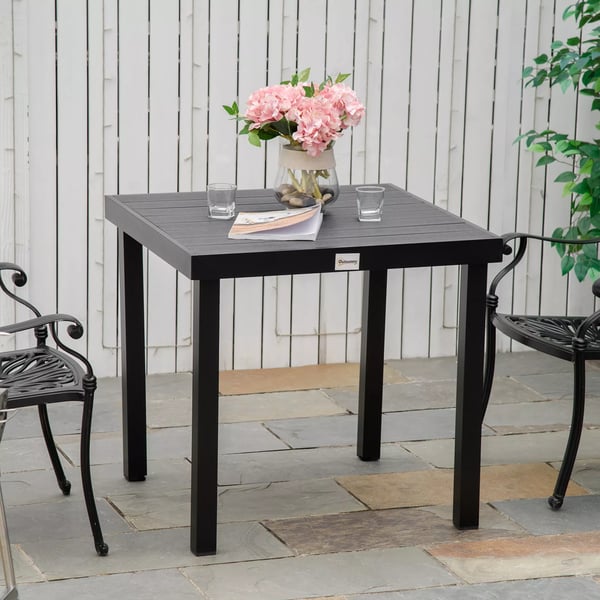 Outsunny havebord til 4 personer, kompakt spisebord, vedligeholdelsesvenligt aluminiumsbord, havemøbler, plast, sort, 80x80x74 cm