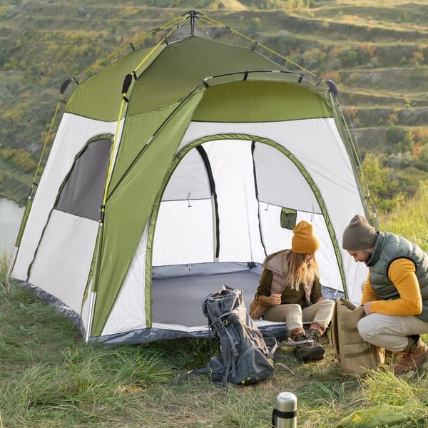Outsunny campingtelt til 5 personer, automatisk pop-up, vejrbestandigt polyester, vinduer, militærgrøn+grå, 240x240x199cm