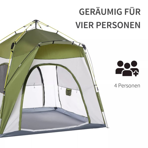 Outsunny campingtelt til 5 personer, automatisk pop-up, vejrbestandigt polyester, vinduer, militærgrøn+grå, 240x240x199cm
