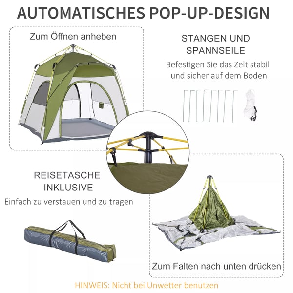 Outsunny campingtelt til 5 personer, automatisk pop-up, vejrbestandigt polyester, vinduer, militærgrøn+grå, 240x240x199cm