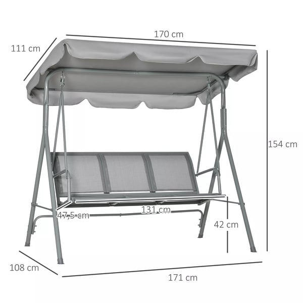 Outsunny Hollywood-gynge 3-personers havegynge gyngebænk med tag metal grå+sølv 170 x 110 x 153 cm