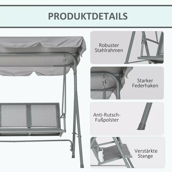 Outsunny Hollywood-gynge 3-personers havegynge gyngebænk med tag metal grå+sølv 170 x 110 x 153 cm