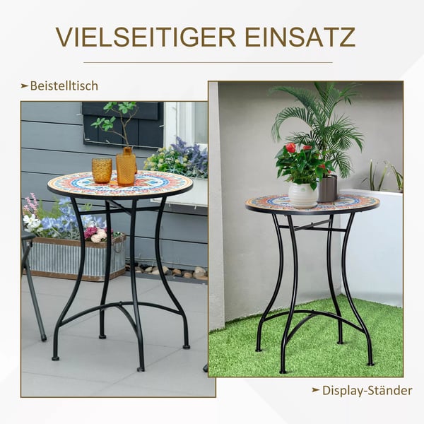 Outsunny Havebord Mosaikbord Rundt Bistro af Keramik og Metal - Rød/Blå/Hvid, Ø60cm