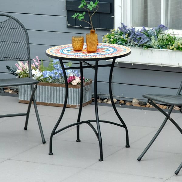 Outsunny Havebord Mosaikbord Rundt Bistro af Keramik og Metal - Rød/Blå/Hvid, Ø60cm