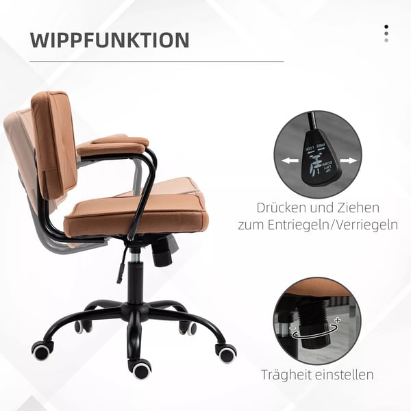 Vinsetto kontorstol skrivebordsstol med hjul, højdejusterbar med vippefunktion, 360° rotation, vipbar, skum, brun, 61 x 58 x 82-91 cm