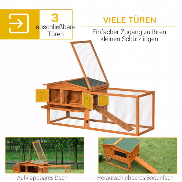 Liten Djurstall i Tallen med Asfaltstak, Kaninbur med Utdragbar Låda och Ramp, Orange, 156 x 58 x 68 cm