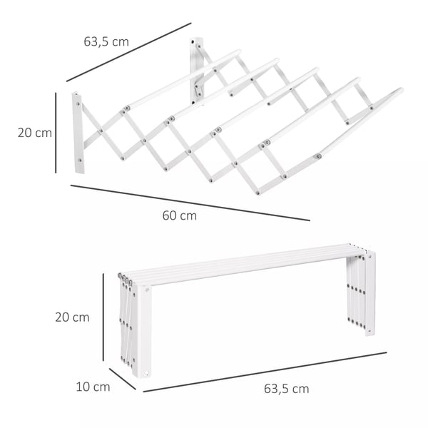 HOMCOM Vægtørrer Vasketøjsstativ Pladsbesparende Tørrestativ Samlet tørlængde 57,5cm Metal Hvid 63,5 x 60 x 20 cm