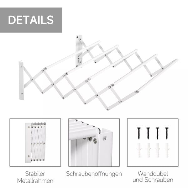 HOMCOM Vægtørrer Vasketøjsstativ Pladsbesparende Tørrestativ Samlet tørlængde 57,5cm Metal Hvid 63,5 x 60 x 20 cm