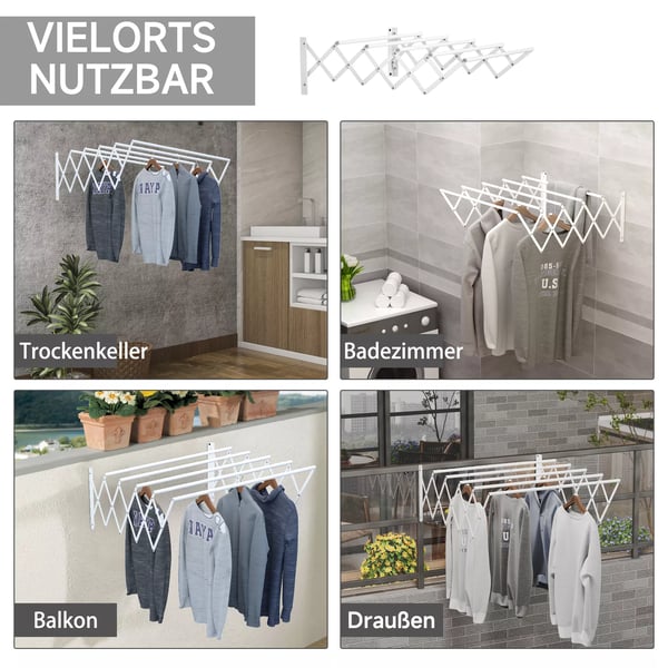 HOMCOM Vægtørrer Vasketøjsstativ Pladsbesparende Tørrestativ Samlet tørlængde 57,5cm Metal Hvid 63,5 x 60 x 20 cm