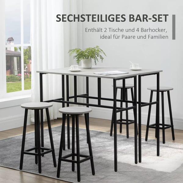 HOMCOM spisebordssæt, 6-delt sæt med 2 barborde og 4 stole, industrielt design, barstol-sæt, spånplade/stål, grå+sort
