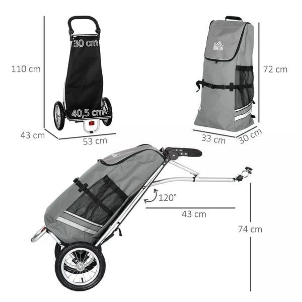 HOMCOM Lastanhænger & indkøbstrolley 2-i-1 til cykel, med kobling, 24,3kg, 55L, aluminium+Oxford-stof, grå+sølv, 53x43x110cm