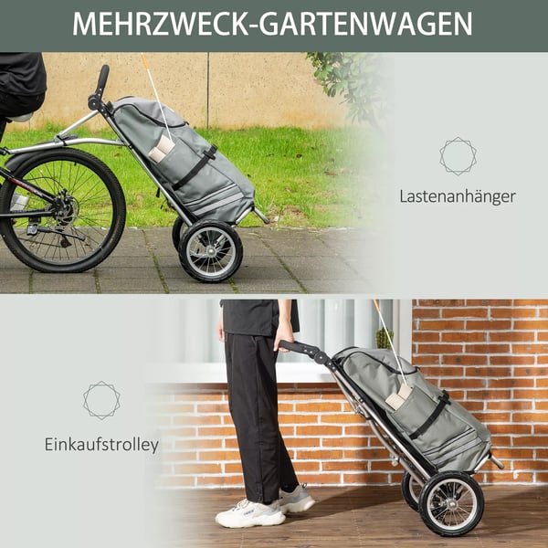 HOMCOM Lastanhænger & indkøbstrolley 2-i-1 til cykel, med kobling, 24,3kg, 55L, aluminium+Oxford-stof, grå+sølv, 53x43x110cm