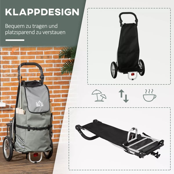 HOMCOM Lastanhænger & indkøbstrolley 2-i-1 til cykel, med kobling, 24,3kg, 55L, aluminium+Oxford-stof, grå+sølv, 53x43x110cm