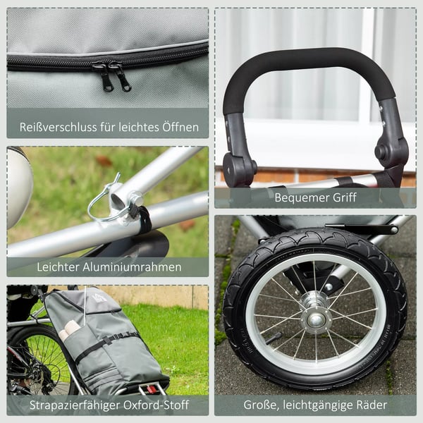 HOMCOM Lastanhænger & indkøbstrolley 2-i-1 til cykel, med kobling, 24,3kg, 55L, aluminium+Oxford-stof, grå+sølv, 53x43x110cm