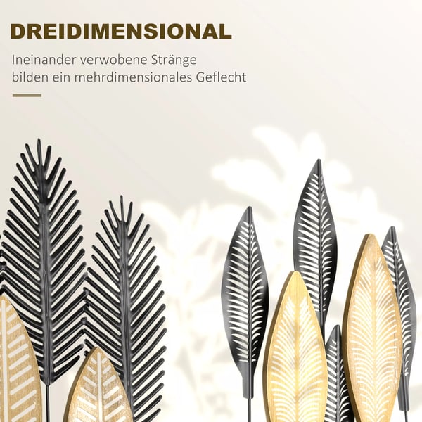 HOMCOM 3D Seinäkoriste Metalli 2 Lehdet, Musta+Luonto, 40x46cm