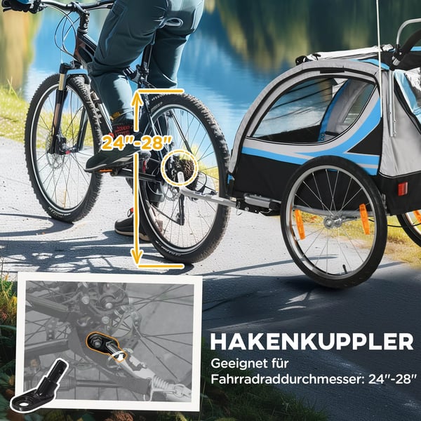 HOMCOM Cykelanhænger 2-i-1, Barnevogn, 360° drejelig, Stål Oxford, Blå+Sort