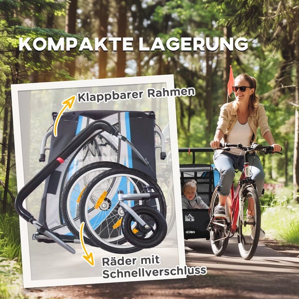 HOMCOM Cykelanhænger 2-i-1, Barnevogn, 360° drejelig, Stål Oxford, Blå+Sort