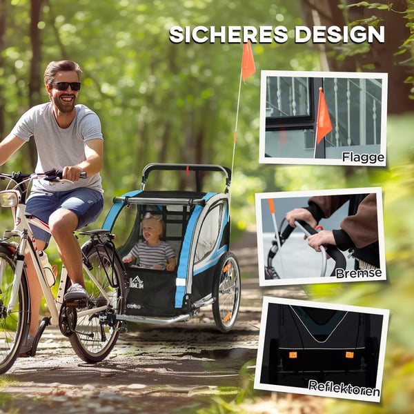 HOMCOM Cykelanhænger 2-i-1, Barnevogn, 360° drejelig, Stål Oxford, Blå+Sort