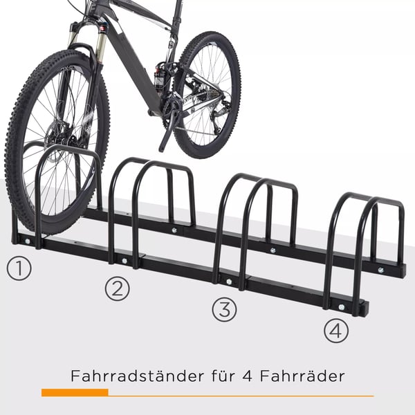 HOMCOM Cykelstativ til 4 cykler, stål, sort, vejrbestandigt, væg- og gulvmontering, 110x33x27cm
